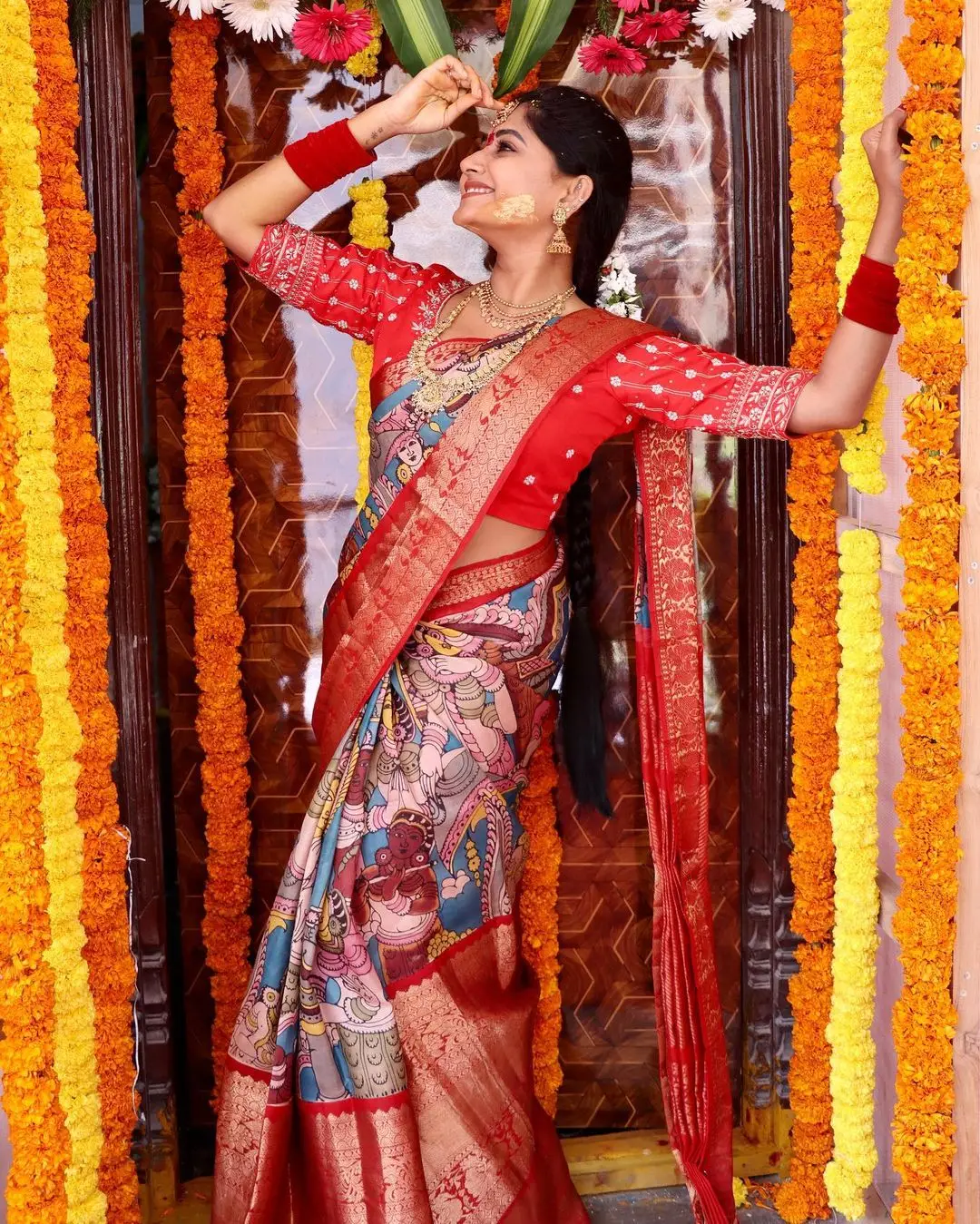 Vasanthi Krishnan Wearing Traditional Red Saree Blouse